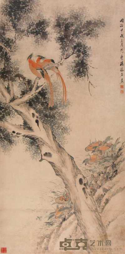 汤禄名 同治甲戌（1874年）作 花鸟 立轴 133×66cm